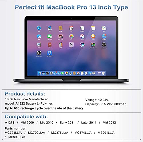 POWEROWL A1322 A1278 Batería para MacBook Pro 13"[Mediados de 2012 2010 2009 Principios de 2011 y Finales de 2011], Apto para MacBookPro 5,5 7,1 8,1 9,2 MacBook Pro A1278 A1322 Batería