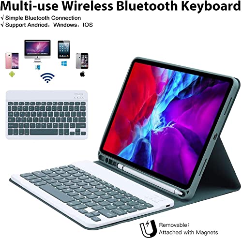 Preciosa funda con teclado para iPad 10.2 para iPad de 9a / 8a / 7a generación, funda con teclado para iPad de 10,2 pulgadas con portalápices y ratón de teclado desmontable (verde azulado)
