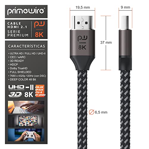 Primewire – 0,5m - Cable Premium 8K HDMI 2.1-8K a 120 Hz DSC - 4K 2K - 7680 x 4320 - UHD II - HDMI 2.1 2.0a 2.0b - 3D - Alta Velocidad Ethernet – HDR - eARC – Compatible BLU Ray PS4 PS5 Xbox