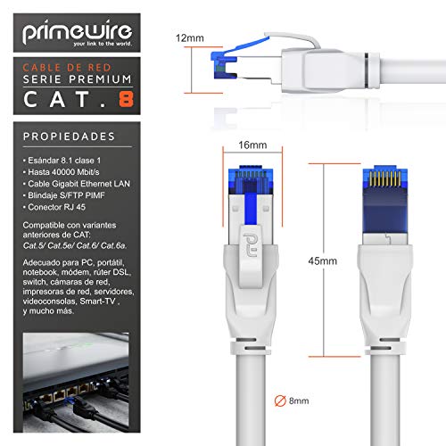 Primewire- 15m Cable de Red Cat.8 40 Gbits - S FTP PIMF - Switch Router Modem Access Point - Cable Ethernet LAN Fibra óptica