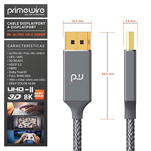 Primewire – 1m - Cable Premium 8K DisplayPort a DisplayPort - DP1.4 – UHD II – 8K – 7680 x 4320 a 60 Hz con DSC – HBR3 – Contactos Dorados – para ordenadores de sobremesa y portátiles con DP