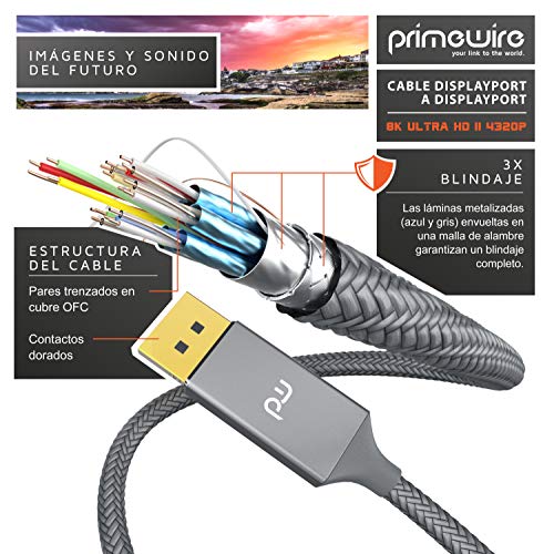 Primewire – 1m - Cable Premium 8K DisplayPort a DisplayPort - DP1.4 – UHD II – 8K – 7680 x 4320 a 60 Hz con DSC – HBR3 – Contactos Dorados – para ordenadores de sobremesa y portátiles con DP