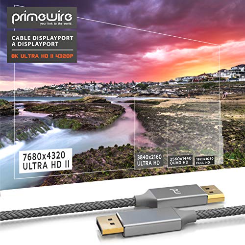 Primewire – 1m - Cable Premium 8K DisplayPort a DisplayPort - DP1.4 – UHD II – 8K – 7680 x 4320 a 60 Hz con DSC – HBR3 – Contactos Dorados – para ordenadores de sobremesa y portátiles con DP