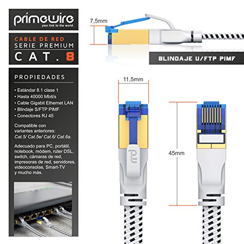 Primewire – 2m Cable de Red Cat 8 Plano - 40 Gbits - Cable Gigabit Ethernet LAN 40000 Mbits con conector RJ 45 - Revestido de Tela - Blindaje U FTP Pimf - Compatible Switch Rúter Modem PC Smart-TV