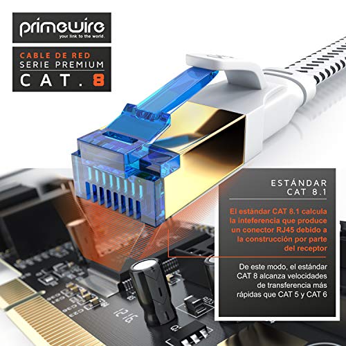 Primewire – 2m Cable de Red Cat 8 Plano - 40 Gbits - Cable Gigabit Ethernet LAN 40000 Mbits con conector RJ 45 - Revestido de Tela - Blindaje U FTP Pimf - Compatible Switch Rúter Modem PC Smart-TV