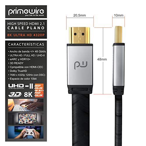 Primewire – 5 m - Cable Premium 8K HDMI 2.1 - Plano - 2K 4K 8K - Alta Velocidad - UHD II - 3D TV - eARC - HDR 10+ - 8K a 120Hz con DSC - HDTV 7680 x 4320 – Compatible Blu Ray PS4 PS5 Xbox Series S X