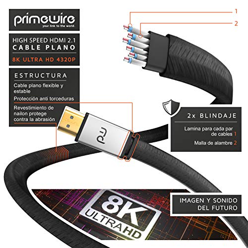 Primewire – 5 m - Cable Premium 8K HDMI 2.1 - Plano - 2K 4K 8K - Alta Velocidad - UHD II - 3D TV - eARC - HDR 10+ - 8K a 120Hz con DSC - HDTV 7680 x 4320 – Compatible Blu Ray PS4 PS5 Xbox Series S X