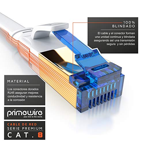 Primewire – 7,5m Cable de Red Cat 8 Plano - 40 Gbits - Cable Gigabit Ethernet LAN 40000 Mbits con Conector RJ 45 - Revestido de PVC - Blindaje U FTP Pimf - Compatible Switch Rúter Modem PC Smart-TV
