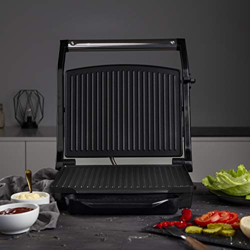 Princess 112415 Grill para bocadillos con tapa flotante y plancha, Se puede guardar en vertical u horizontal, superficie de la parrilla 30 x 24 cm, bandeja recoge grasa, 2000 W