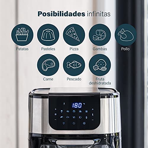 Princess 182075 Freidora sin aceite y Horno de aire caliente con Cesta Giratoria, multifunción, accesorios incluidos, 10 programas, pantalla digital táctil, 1800 W, 11 L, 30 Recetas PDF