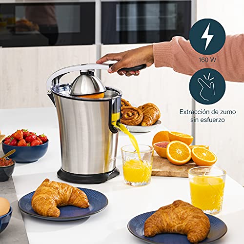 Princess 201851 Master Juicer Exprimidor de cítricos, 160 W, Cono universal de acero inoxidable, Brazo de Palanca Profesional, Filtro para Pulpa, Acero Inoxidable