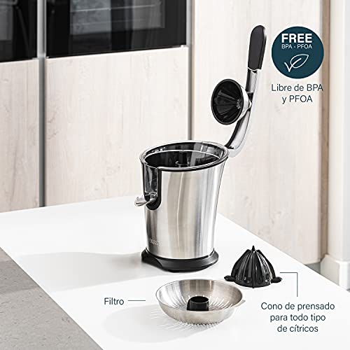 Princess 201851 Master Juicer Exprimidor de cítricos, 160 W, Cono universal de acero inoxidable, Brazo de Palanca Profesional, Filtro para Pulpa, Acero Inoxidable