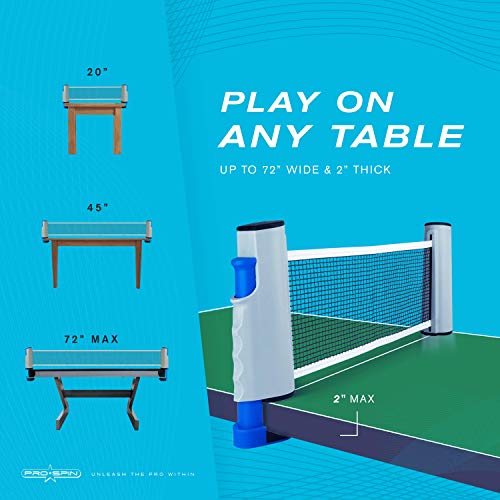 PRO-SPIN Set de Ping Pong Portátil - Kit Premium con Red Retráctil para Cualquier Mesa, Palas, Pelotas de Ping Pong 3 Estrellas y Caja de Almacenamiento - Regalo Ideal - Interior / Exterior