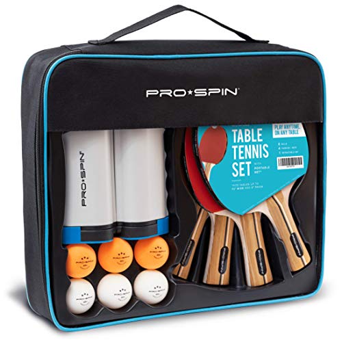PRO-SPIN Set de Ping Pong Portátil - Kit Premium con Red Retráctil para Cualquier Mesa, Palas, Pelotas de Ping Pong 3 Estrellas y Caja de Almacenamiento - Regalo Ideal - Interior / Exterior