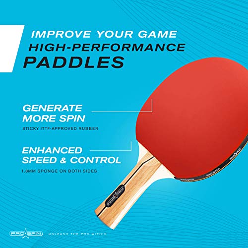 PRO-SPIN Set de Ping Pong Portátil - Kit Premium con Red Retráctil para Cualquier Mesa, Palas, Pelotas de Ping Pong 3 Estrellas y Caja de Almacenamiento - Regalo Ideal - Interior / Exterior
