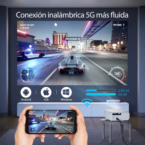 Proyector 5G WiFi Bluetooth Nativo 1080P Full HD WiMiUS W6 Proyector de 9500 Lúmen Soporte 4K Ajuste 4P/4D Función de Zoom-50% para Home Theater PPT Compatible con iOS / Android / PC / TV Stick / PS5
