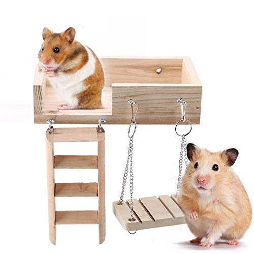 Pssopp Juego de escaleras de Plataforma Hamsters de 3 Piezas, Plataforma de hámster de Madera Juguetes de hámster de Madera Juego de Columpios y Escalera de casa de Mascotas Ardilla