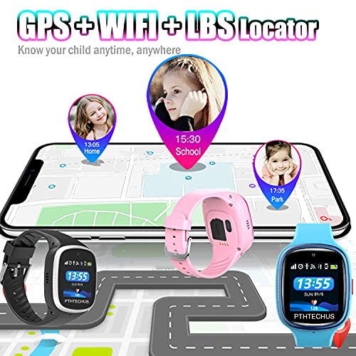PTHTECHUS 4G GPS Niños Impermeable Smartwatch, Reloj Inteligente Telefono con WiFi Videollamada Chat de Voz Podómetro SOS Alarma Juego para Niños Niña 3-12 Años.