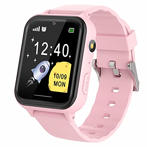 PTHTECHUS Reloj Inteligente niño - Música Smartwatch para Niños Pantalla Táctil con podómetro Juegos Cámara Linterna Alarma Reloj niños y niñas de 8-12 años Regalo, S19 Rosa