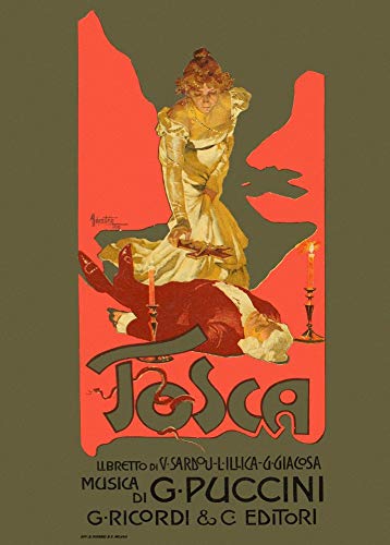 Puccini – Ópera y música clásica vintage Tosca de Puccini, obra de arte de Adolfo Hohenstein 250 g/m² brillante tarjeta de arte A3
