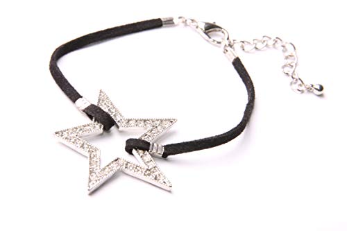 Pulsera de cadena delgada negra con color plateado metálico brillante con cuentas de diamante estrella de moda para mujer Rockstar (T643)