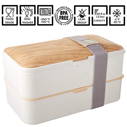 PuTwo Bento Box Fiambreras Bento Caja Bento Caja Almuerzo de 2 Niveles con Juego de Cubiertos Box Lunch a Prueba de Fugas Microondas, Congelador, Apto para lavavajillas - 1200 ml, Blanco