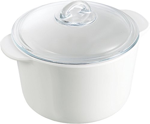 Pyrex Flame - Cacerola redonda, 1 l, vidrio cerámico, color blanco + tapa, transparente