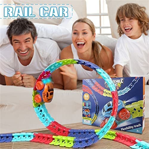 QINGPINGGUO Changeable Track with Led Light-Up Race Car, Flexible Assembled Track Electric Light Rail Car, Race Track Car Set Won'T Turn out of Track (92pcs)