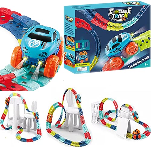 QINGPINGGUO Changeable Track with Led Light-Up Race Car, Flexible Assembled Track Electric Light Rail Car, Race Track Car Set Won'T Turn out of Track (92pcs)