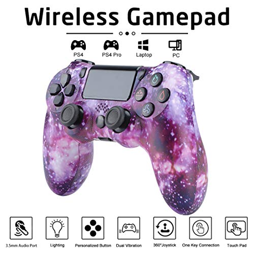 QLOVE Mando Bluetooth para PS4, Mando con Cable/inalámbrico para Playstation 4 PS3 PS4 Slim/PS4 Pro PC,Purple Starry Sky
