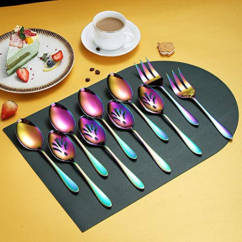 Rainbow Juego de cubiertos de 10 piezas para servir cubiertos, juego de utensilios para servir de acero inoxidable, incluye cuchara ranurada para servir, cuchara para servir, tenedor para servir