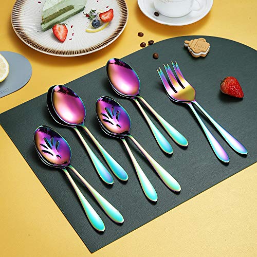 Rainbow Juego de cubiertos de 10 piezas para servir cubiertos, juego de utensilios para servir de acero inoxidable, incluye cuchara ranurada para servir, cuchara para servir, tenedor para servir