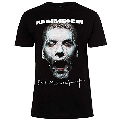 Rammstein Camiseta para hombre con diseño de texto "Sehnsucht", color negro con impresión frontal multicolor y parte trasera Negro L