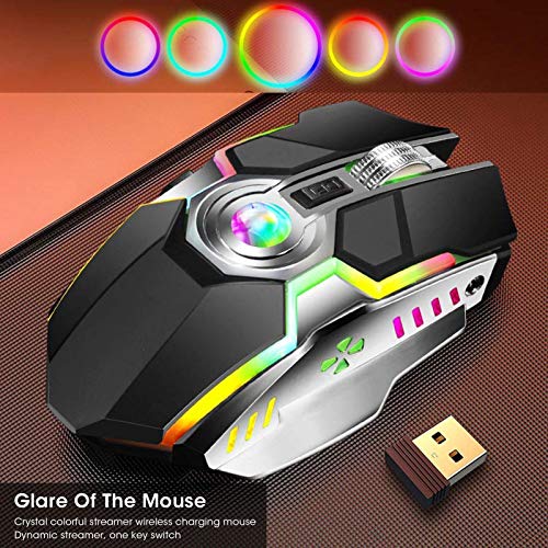 Ratón inalámbrico para juegos, RGB Colorful Streamer, silencioso, recargable, USB, ratón para juegos de computadora con botón de control de luz independiente, para navegar para jugadores, PC, computa