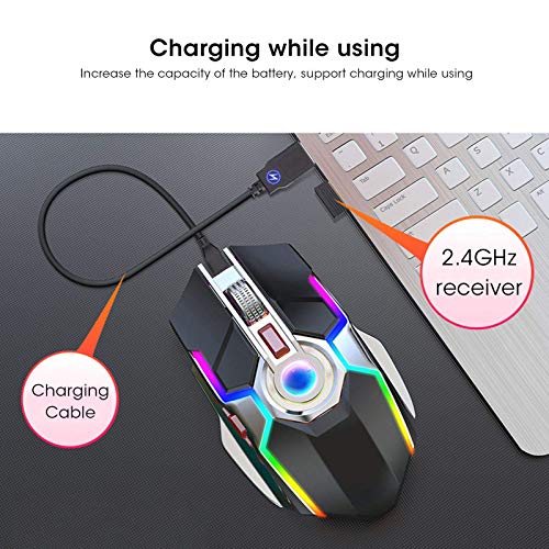 Ratón inalámbrico para juegos, RGB Colorful Streamer, silencioso, recargable, USB, ratón para juegos de computadora con botón de control de luz independiente, para navegar para jugadores, PC, computa
