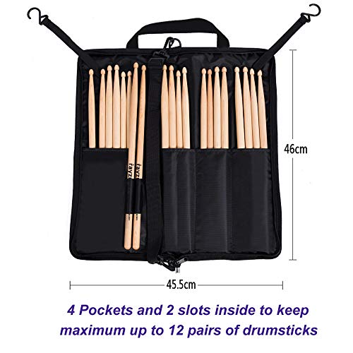 Rayzm Bolsa (Funda) para Baquetas de Batería con un Bolsillo Externo, con una Manija para llevar y Ganchos de Tom Hooks, Dentro 4 Bolsillos para Guardar hasta 12 Pares de Baquetas.
