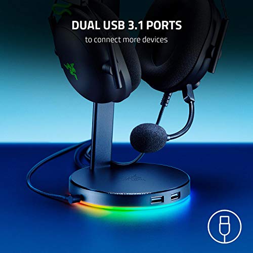 Razer Base Station V2 Chroma - Soporte para audífonos/audífonos con concentrador USB, Iluminación Chroma RGB, 2 puertos USB 3.1, Base antideslizante, Diseñado para audífonos para juegos, Negro