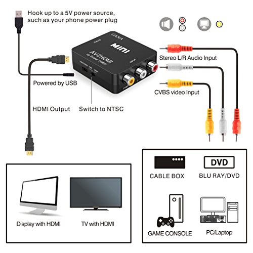 RCA a HDMI, GANA AV a HDMI Convertidor de Video Soporte 1080P con Cable de Alimentación USB para PC/Laptop/Xbox / PS4 / PS3 / TV/STB/VCR Cámara DVD -Negro