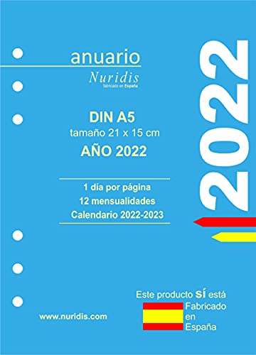 Recambio de agenda español. Año 2022. 1 día por página. DIN A5 (21 x 15 cm)