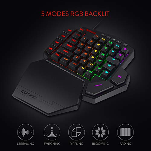 Redragon K585 DITI Teclado mecánico de una Mano gaming RGB, interruptores Marrones, Teclado ergonómico pequeño para Juegos, USB Tipo C con Teclas Macro, reposamuñecas desmontable, 42 Teclas