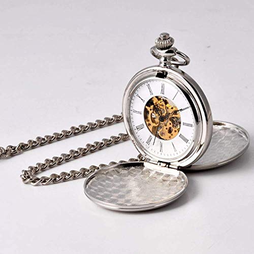 Reloj De Bolsillo con Cadena Reloj De Bolsillo, Gold Gear Retro Large Silver Mechanical Dos Caras, Steam (Color: Silver)
