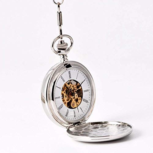 Reloj De Bolsillo con Cadena Reloj De Bolsillo, Gold Gear Retro Large Silver Mechanical Dos Caras, Steam (Color: Silver)