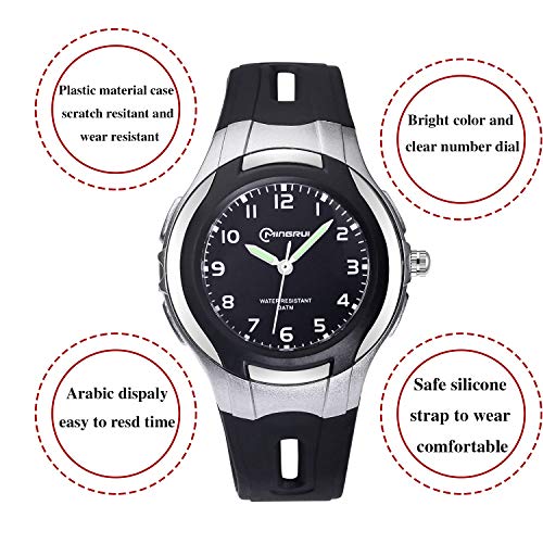 Relojes Analógicos para Niños, Niñas Impermeable Fácil de Leer Relojes de Pulsera con Correa Suave para Niñas(Negro)