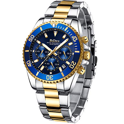 Relojes para Hombre cronógrafo de Acero Inoxidable Impermeable Fecha analógico Reloj de Cuarzo Moda Relojes para Hombre, Oro Azul B, Pulsera