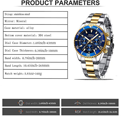 Relojes para Hombre cronógrafo de Acero Inoxidable Impermeable Fecha analógico Reloj de Cuarzo Moda Relojes para Hombre, Oro Azul B, Pulsera