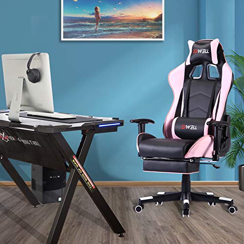 Remaxe Silla ergonómica para Juegos con reposacabezas y Soporte Lumbar para Masaje, Altura Ajustable en Altura, con reposapiés retráctil, Silla reclinable de Cuero para Oficina ejecutiva (Rosado)