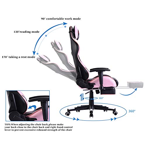 Remaxe Silla ergonómica para Juegos con reposacabezas y Soporte Lumbar para Masaje, Altura Ajustable en Altura, con reposapiés retráctil, Silla reclinable de Cuero para Oficina ejecutiva (Rosado)