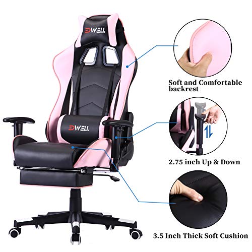 Remaxe Silla ergonómica para Juegos con reposacabezas y Soporte Lumbar para Masaje, Altura Ajustable en Altura, con reposapiés retráctil, Silla reclinable de Cuero para Oficina ejecutiva (Rosado)