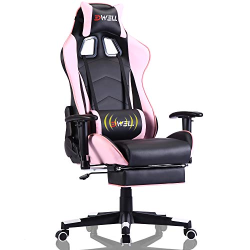 Remaxe Silla ergonómica para Juegos con reposacabezas y Soporte Lumbar para Masaje, Altura Ajustable en Altura, con reposapiés retráctil, Silla reclinable de Cuero para Oficina ejecutiva (Rosado)