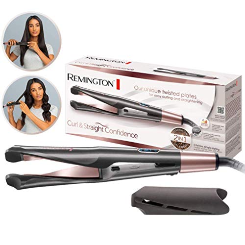 Remington Plancha de Pelo Curl & Straight Confidence - 2 en 1, Alisador y Rizador, Cerámica, Digital, Resultados Profesionales, Gris - S6606B